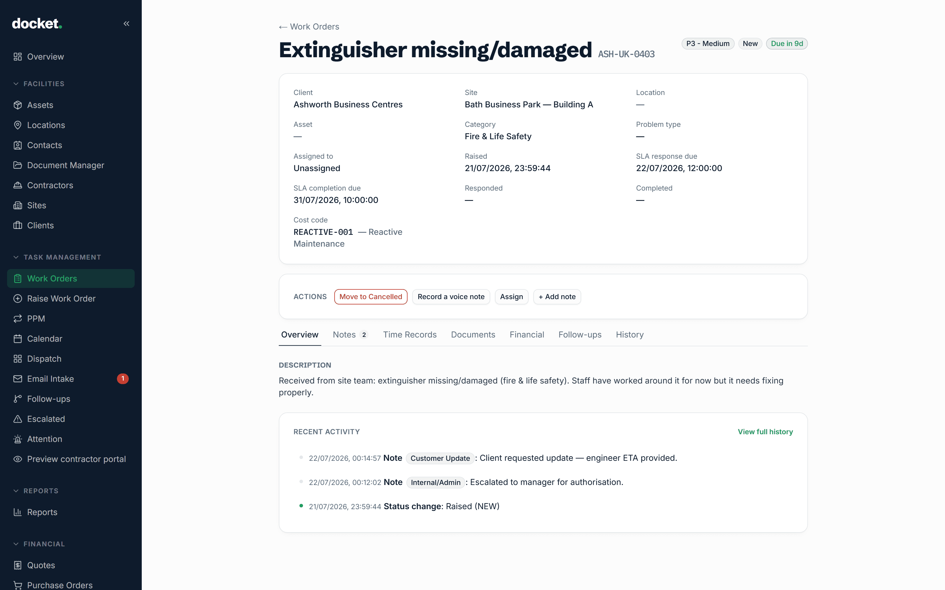 A docket job page showing SLA countdown, assignment, and a full activity timeline