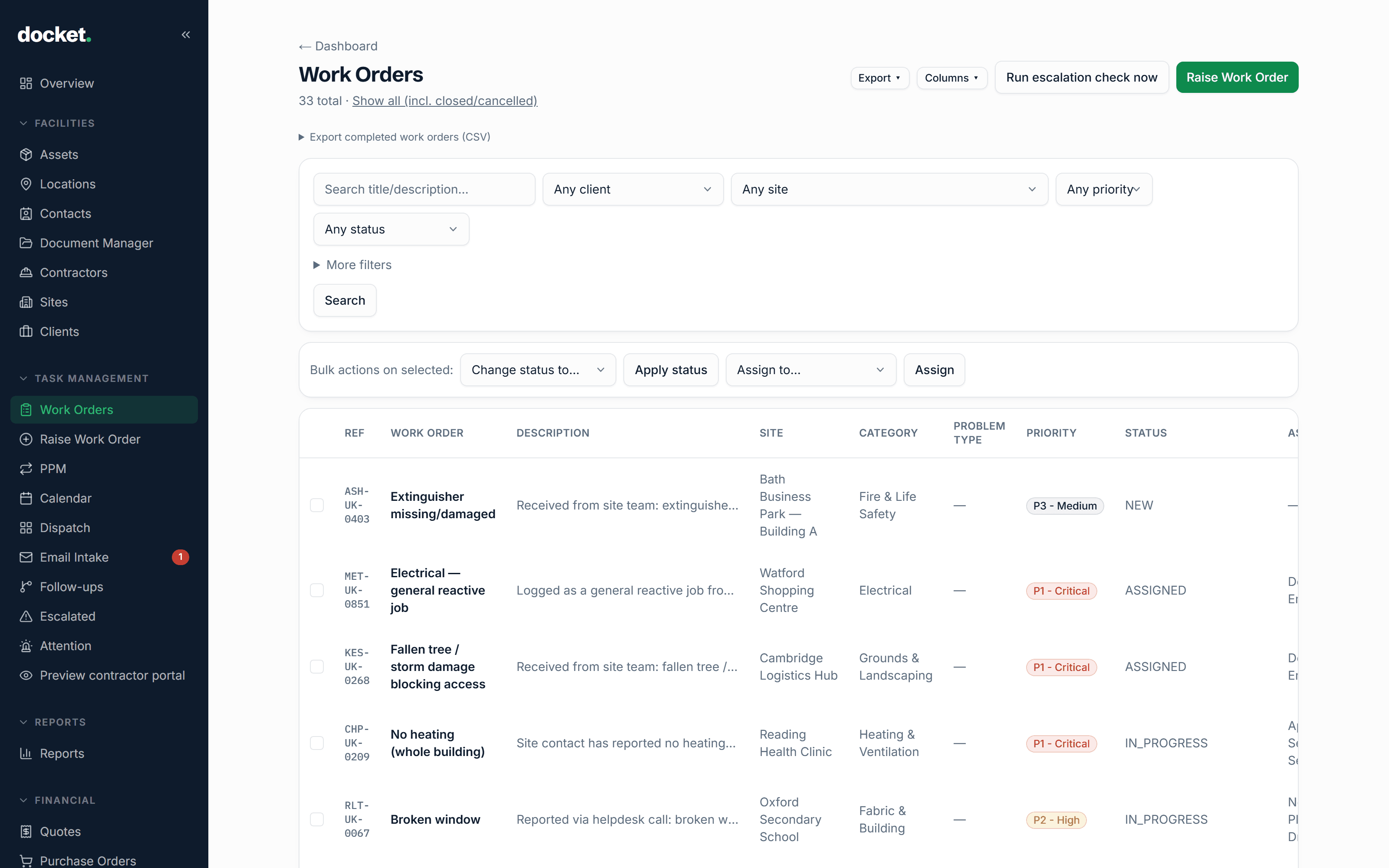 The docket Work Orders list, showing a mix of jobs across statuses and priorities