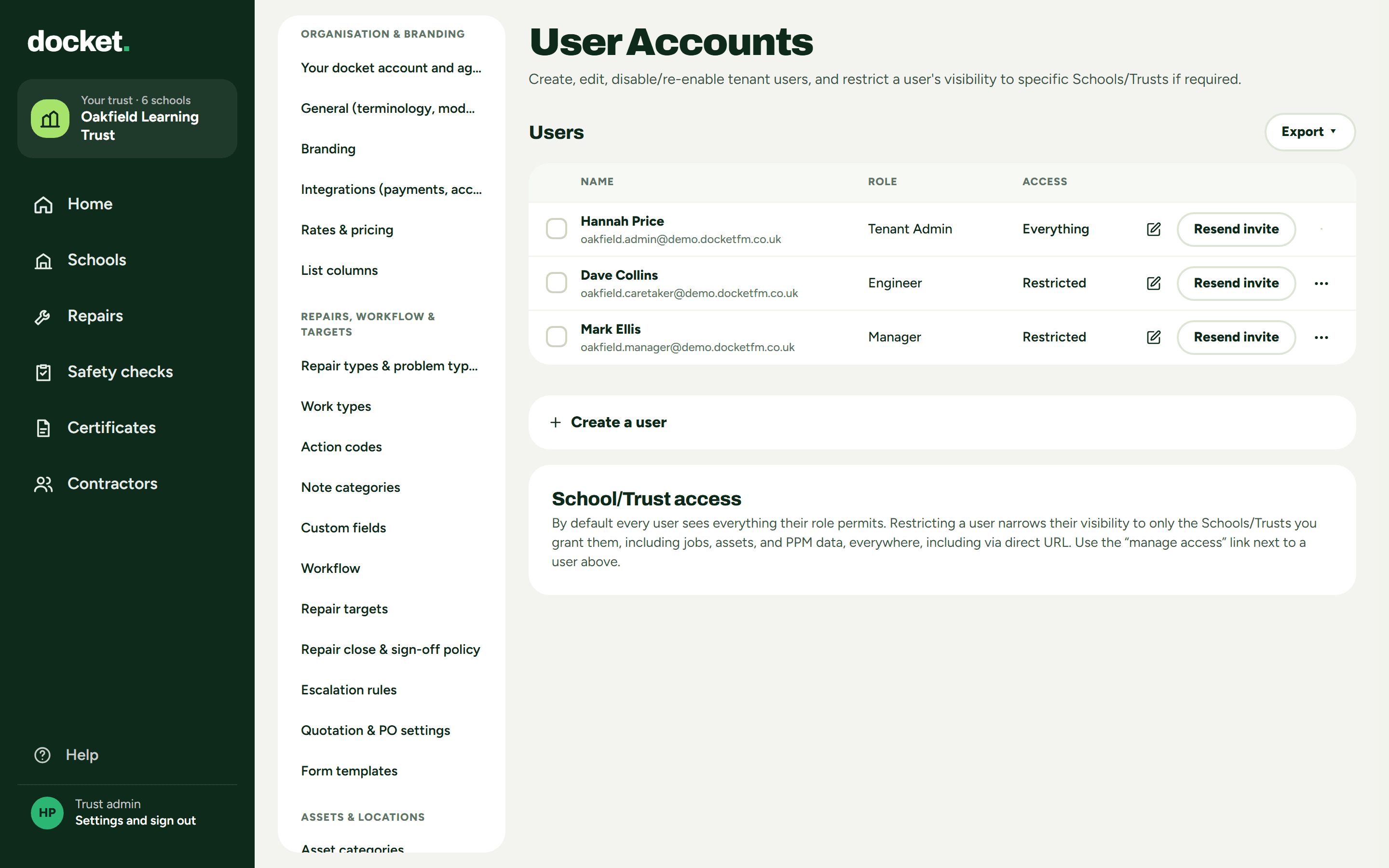 Trust admin: User Accounts, showing Everything and Restricted access